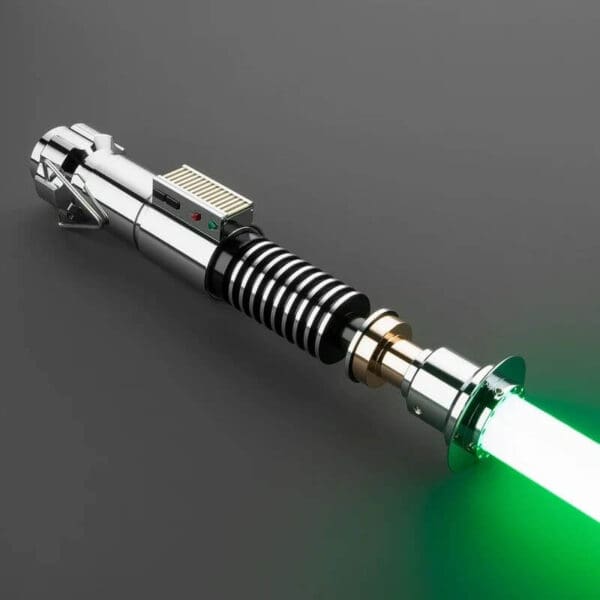 A green light is on the end of a lightsaber.