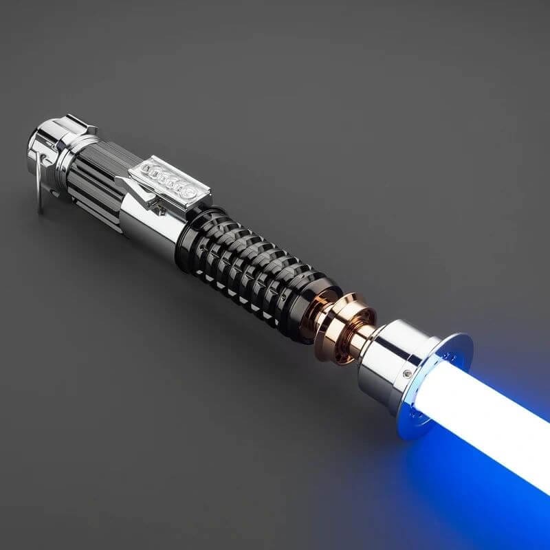 A light saber with blue lights on it.